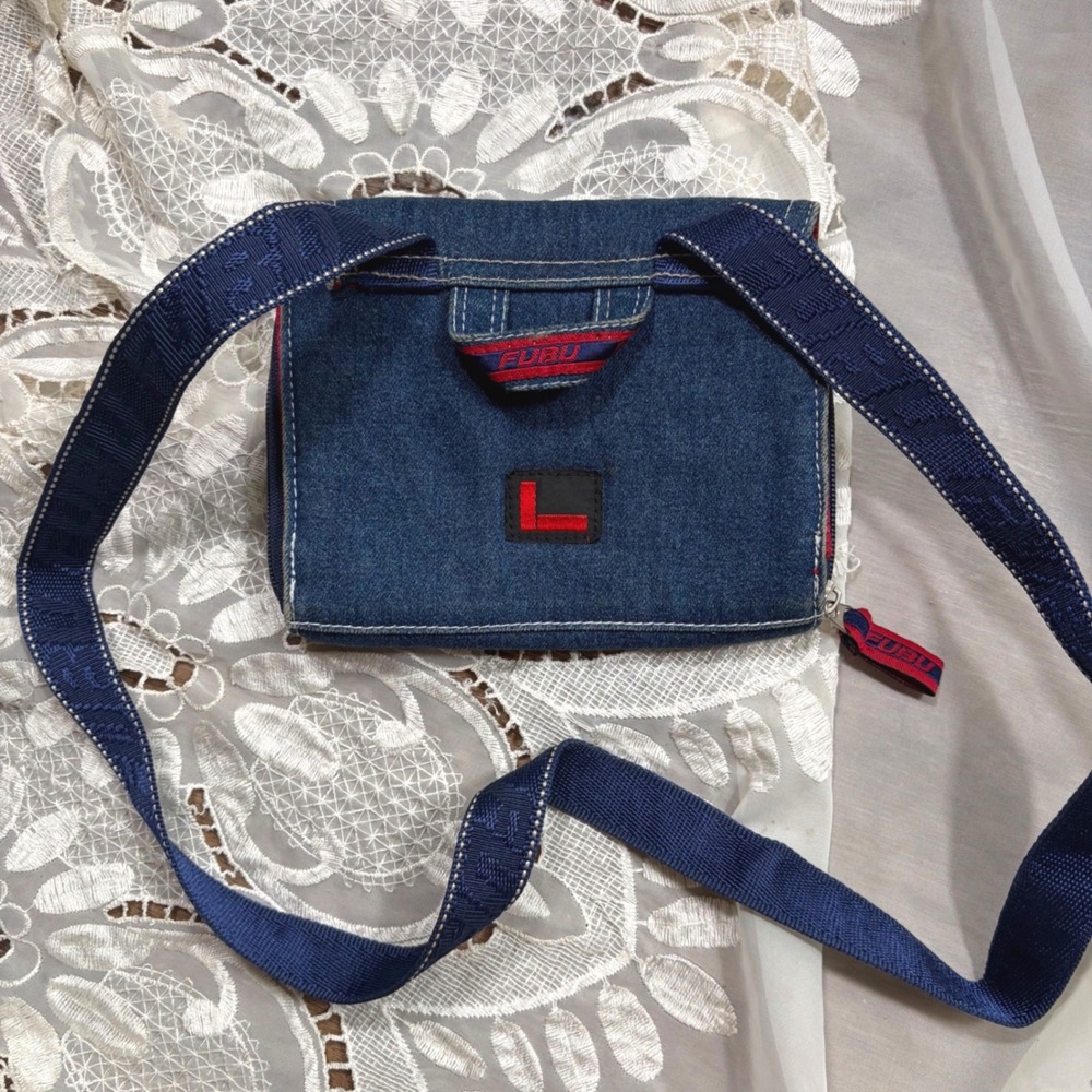 Vintage FUBU Denim Crossbody Bag Blue Jean Y2K Streetwear Small Messenger Bag